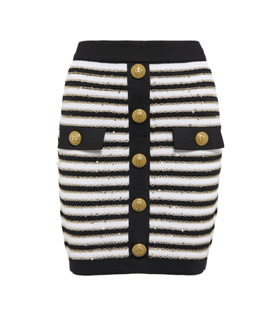 Balmain Striped High-rise Knit Miniskirt In Noir/blanc/or