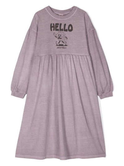 Jellymallow Kids Pink Hello Graphic Print Cotton Dress In Purple