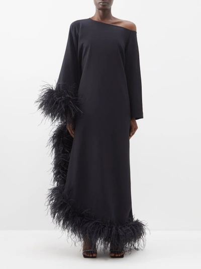 Taller Marmo Extravaganza One-shoulder Feather-trim Crepe Gown In Black