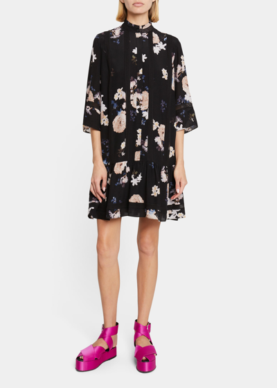 Erdem Garden-print Lace-trim Silk Short Dress In Black