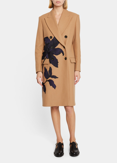 Erdem Floral Jacquard Double-breasted Oversized Pea Coat In Camel