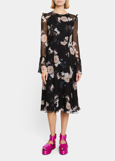Erdem Floral-print Silk Ruffle-trim Midi Dress In Black + Multi