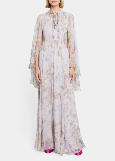 Erdem Floral Cape-back Gown In Lilac And White