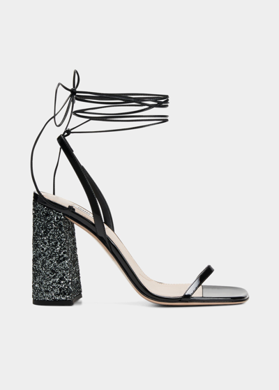 Miu Miu Glitter Leather Ankle-wrap Sandals In Nero