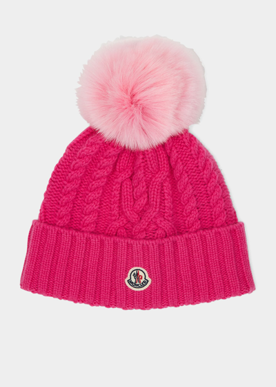 Moncler Cashmere Knit Beanie W/ Faux Fur Pom In Bright Pink