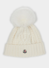 Moncler Cashmere Knit Beanie W/ Faux Fur Pom In White