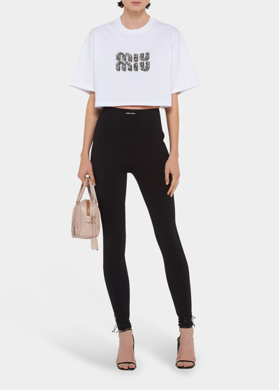 ★MiuMiu★ Embroidered Crop Cotton T-Shirt White Crystal MJN ☆MiuMiu☆ Embroidered Crop Cotton T-Shirt White Crystal MJN