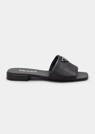 Prada Calfskin Logo Flat Slide Sandals In Black