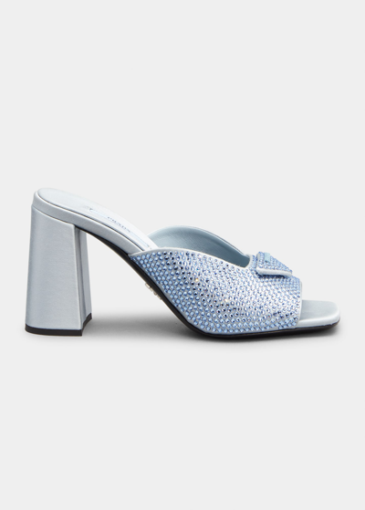 Prada Crystal Silk Logo Mule Sandals In Celeste