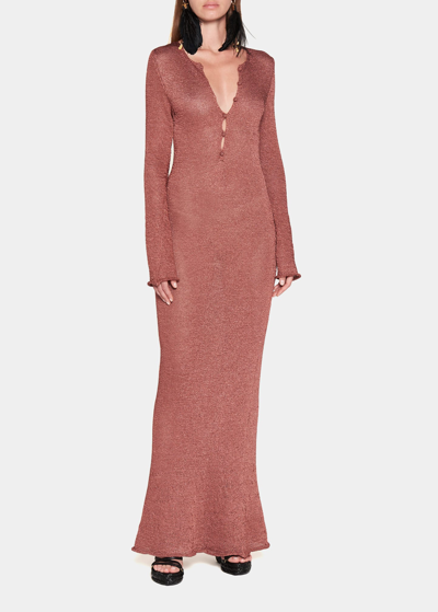 Tom Ford Shiny Rafia Henley Long Dress In Brown,pink