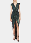 BALMAIN IRIDESCENT GATHERED COLUMN GOWN W/ PADDED SHOULDERS