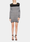 Balmain Button-embellished Striped Ribbed Cotton-blend Mini Dress In Blk/white