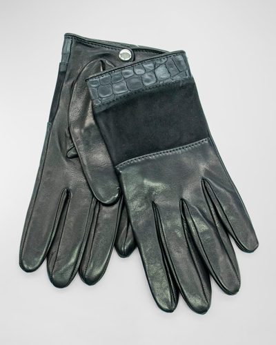 Portolano Croc-embossed Cuff Nappa Leather & Suede Gloves In Black