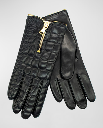 Portolano Croc-embossed Nappa Leather & Cashmere Gloves In Black