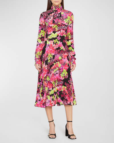 Versace Orchid Logo-print Crepe Scarf-neck Midi Dress In Pink