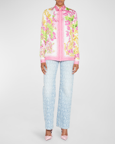 Versace Orchid Print Button-down Silk Blouse In Pink