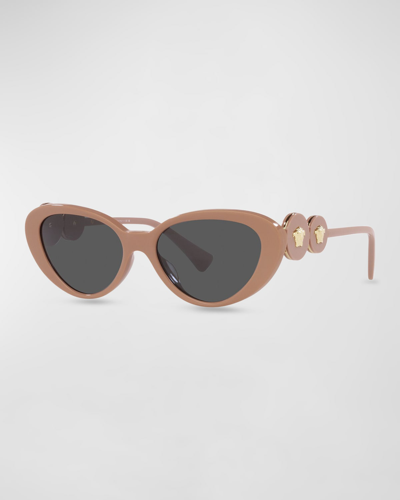 Versace Logo Emblem Acetate Cat-eye Sunglasses In Beige/gray Solid