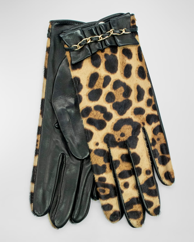 Portolano Ruffle Chain Leopard-print Nappa Leather Gloves In Black Leopard
