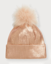 Adrienne Landau Metallic Beanie W/ Faux Fur Pom In Rose Gold