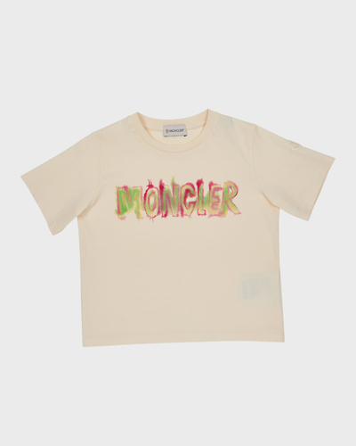 Moncler Kids' Girl's Smeared Graphic Logo-print T-shirt In Off White