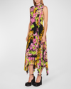 Versace Printed Plissé Crepe De Chine Midi Dress In Blackpink