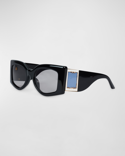Casablanca Logo Acetate & Nylon Butterfly Sunglasses In Black Baby Blue G