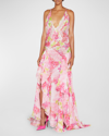 VERSACE PLUNGING LOGO ORCHID-PRINT DRAPED CHIFFON GOWN