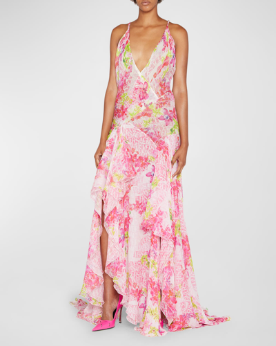 Versace Plunging Logo Orchid-print Draped Chiffon Gown In White+pink