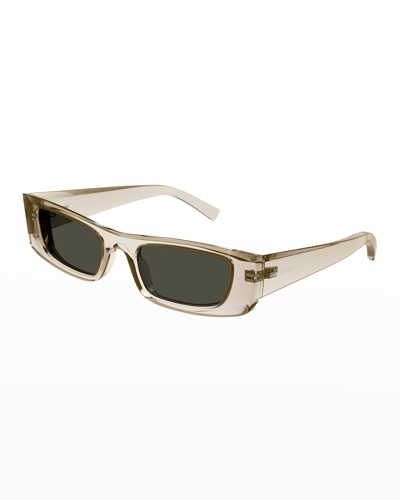 Saint Laurent Logo Rectangle Injection Plastic Sunglasses In Beige