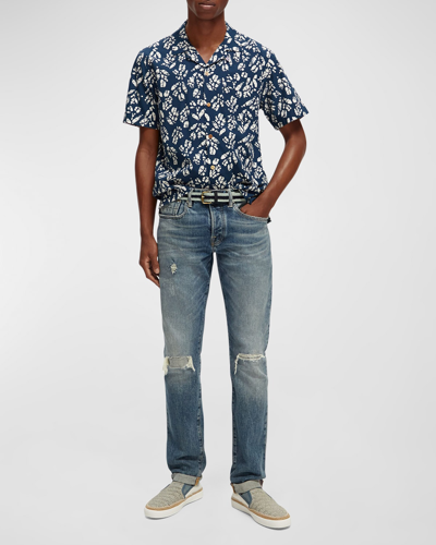 Scotch & Soda Abstract Floral Print Relaxed Fit Button Down Camp Shirt In Multicolour
