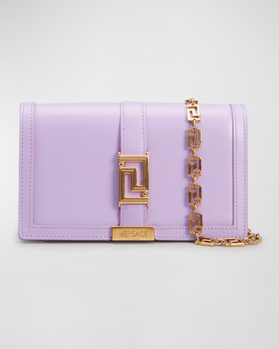 Versace Greca Goddess Leather Wallet On Chain In Purple