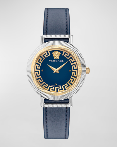 Versace Women's La Grecca & Medusa Two-tone Stainless Steel & Leather Strap Watch In Blue