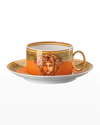 VERSACE MEDUSA AMPLIFIED ORANGE COIN TEA CUP AND SAUCER