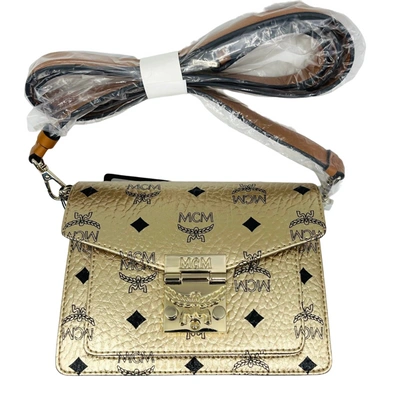 Mcm Signature Berlin Gold Diamond Logo Leather Mini Flap Lock Crossbody Handbag