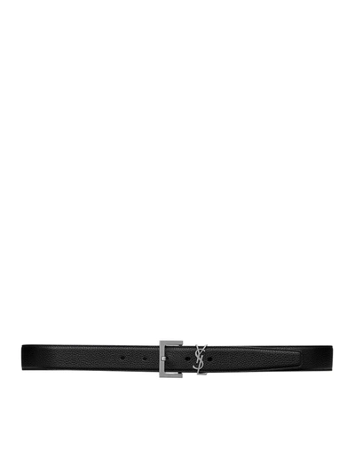 Saint Laurent Cassandre Belt In Hammered Leather With Square Buckle In Black