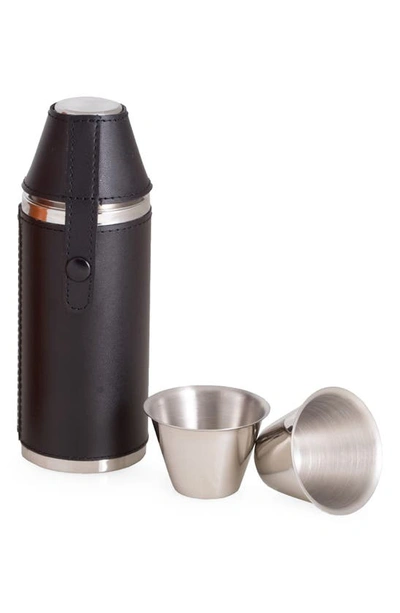 Bey-berk Leather Wrapped Cylinder Flask With Cups In Stainless Steel