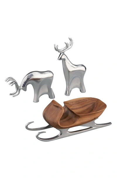 Nambe Holiday 3-piece Sleigh & Reindeer Figurine Set In Alloy/wood