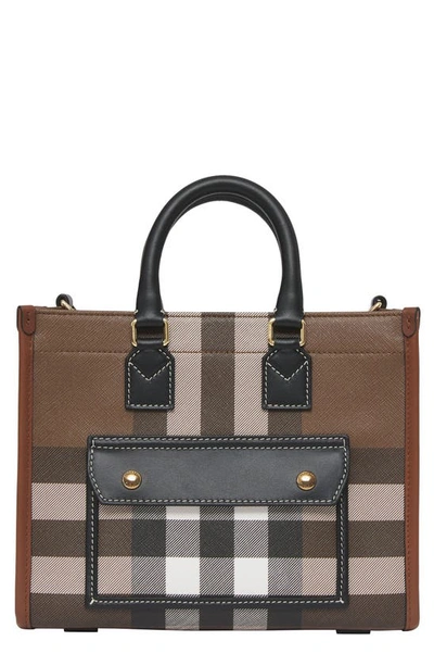 Burberry Check And Leather Mini Freya Tote In Dark Birch Brown Check