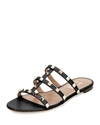 Valentino Black Calf Leather Bos Taurus Flat Sandals In Black