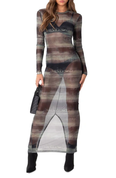 Edikted Mindful Sheer Long Sleeve Mesh Maxi Dress In Mix