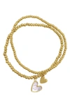 Adornia Tarnish Resistant 14k Gold Plated Set Of Heart Ball Bracelets With Mother-of-pearl In Yellow