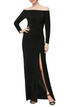 ALEX & EVE OFF THE SHOULDER LONG SLEEVE GLITTER KNIT GOWN