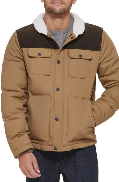 Levi's Woodsman High Pile Fleece Puffer Jacket In Tan Dark Brown Corduroy Yoke