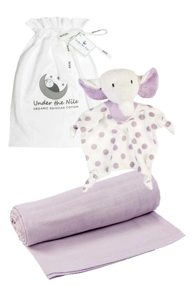 Under The Nile Organic Cotton Swaddle Blanket & Elephant Toy Set In Lavender