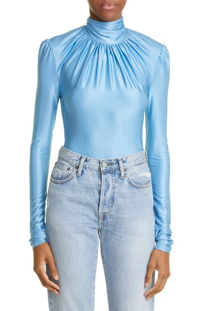 Rabanne High-neck Gathered Stretch-woven Top In Blue