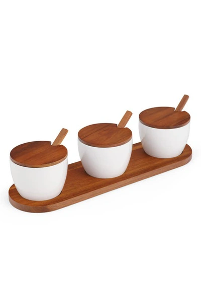 Nambe Nambé Duets Triple Condiment Server With Lids & Spoons In Brown