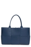 Bottega Veneta Small Arco Woven Leather Tote In Deep Blue-silver