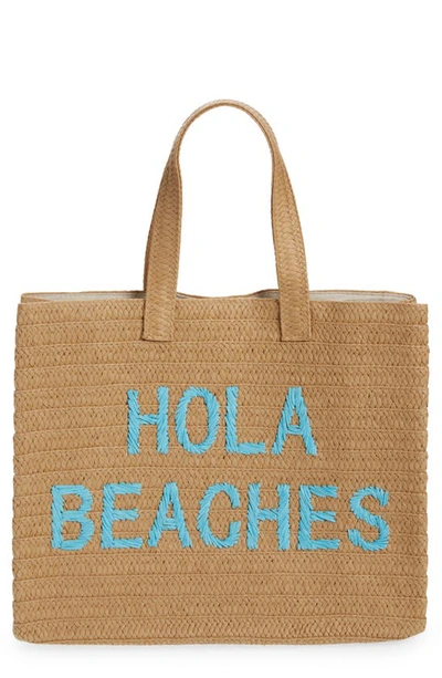 Btb Los Angeles Hola Beaches Straw Tote In Sand/ Aqua