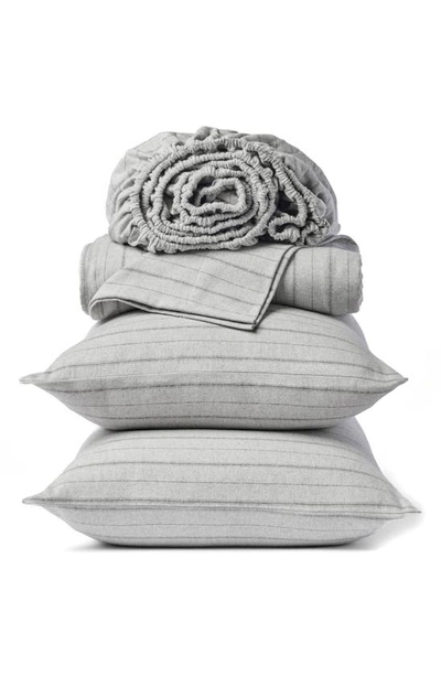 Coyuchi Cloud Brushed Organic Cotton Flannel Sheet Set In Pale Gray Heather W/cypress