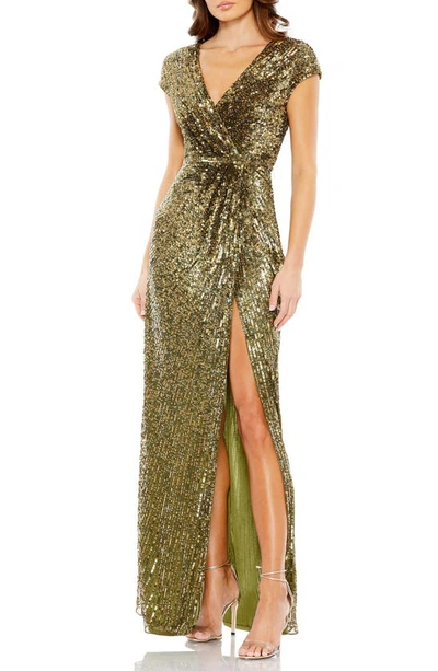 Mac Duggal Sequin Wrap Front Sheath Gown In Olive